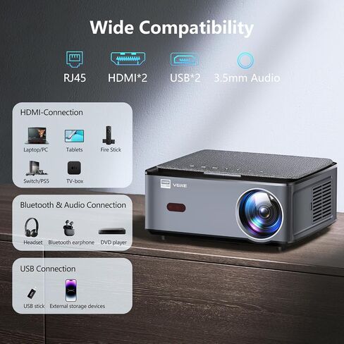 VGKE Smart 4K Projector with WiFi and Bluetooth, 800 ANSI Full HD 1080p Outdoor Movie Projector, 6D/4P Keystone Home Theater Projector for Phone/TV Stick, iOS, Android(Gray) in Saudi Arabia
