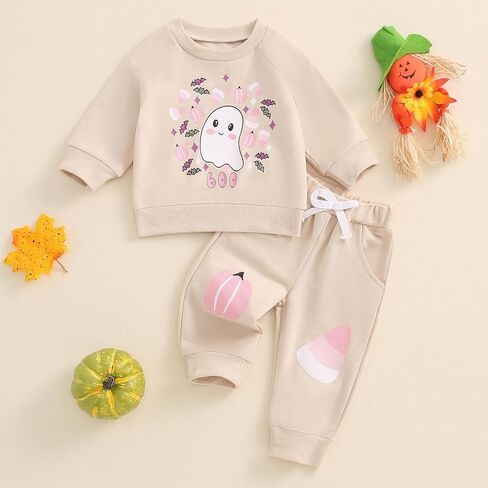 Toddler Baby Girls Halloween Outfits Ghost Printed Pullover Long Pants 2Pcs Fall Clothes Set in Kuwait