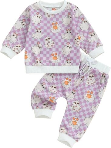 Toddler Baby Girls Halloween Outfits Ghost Printed Pullover Long Pants 2Pcs Fall Clothes Set in Saudi Arabia
