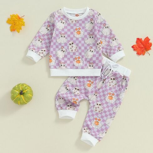 Toddler Baby Girls Halloween Outfits Ghost Printed Pullover Long Pants 2Pcs Fall Clothes Set in Saudi Arabia