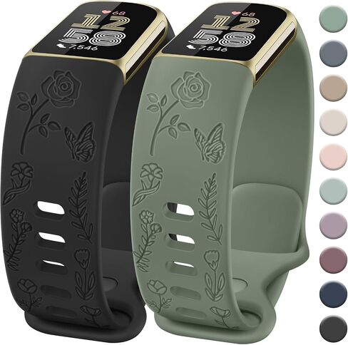 2 Pack Rose Butterfly Engraved Bands Compatible with Fitbit Charge 6 Bands & Fitbit Charge 5 Bands for Women, Silicone Elegant Floral Pattern Replacement for Fitbit Charge 6/Fitbit Charge 5 in Kuwait