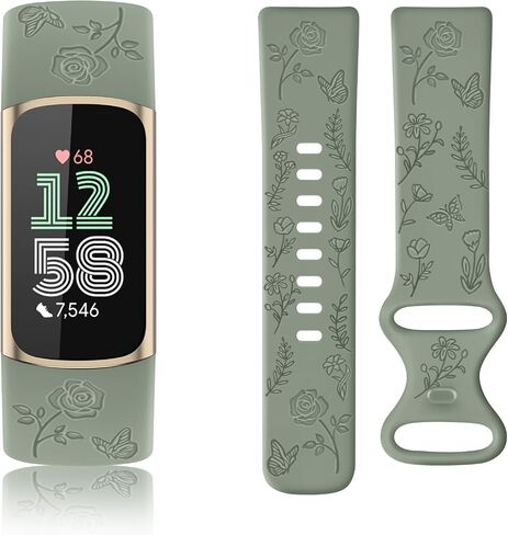 2 Pack Rose Butterfly Engraved Bands Compatible with Fitbit Charge 6 Bands & Fitbit Charge 5 Bands for Women, Silicone Elegant Floral Pattern Replacement for Fitbit Charge 6/Fitbit Charge 5 in Kuwait