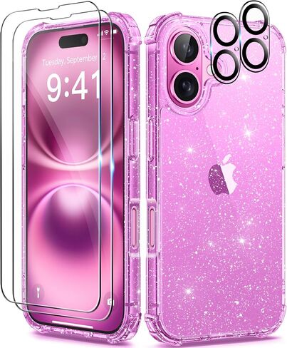 BERFY Compatible with iPhone 16 Plus Case Glitter, [5 in 1] with 2X Screen Protector + 2X Camera Lens Protector, [Non-Yellowing] Clear Sparkle Shockproof Hard Phone Case for Women 6.7", Shiny Clear in Saudi Arabia