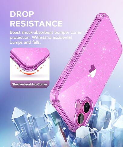 BERFY Compatible with iPhone 16 Plus Case Glitter, [5 in 1] with 2X Screen Protector + 2X Camera Lens Protector, [Non-Yellowing] Clear Sparkle Shockproof Hard Phone Case for Women 6.7", Shiny Clear in Saudi Arabia