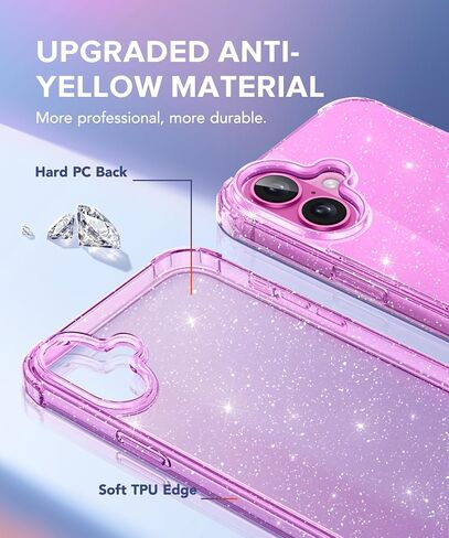 BERFY Compatible with iPhone 16 Plus Case Glitter, [5 in 1] with 2X Screen Protector + 2X Camera Lens Protector, [Non-Yellowing] Clear Sparkle Shockproof Hard Phone Case for Women 6.7", Shiny Clear in Saudi Arabia