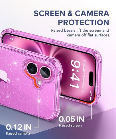 BERFY Compatible with iPhone 16 Plus Case Glitter, [5 in 1] with 2X Screen Protector + 2X Camera Lens Protector, [Non-Yellowing] Clear Sparkle Shockproof Hard Phone Case for Women 6.7", Shiny Clear in Saudi Arabia