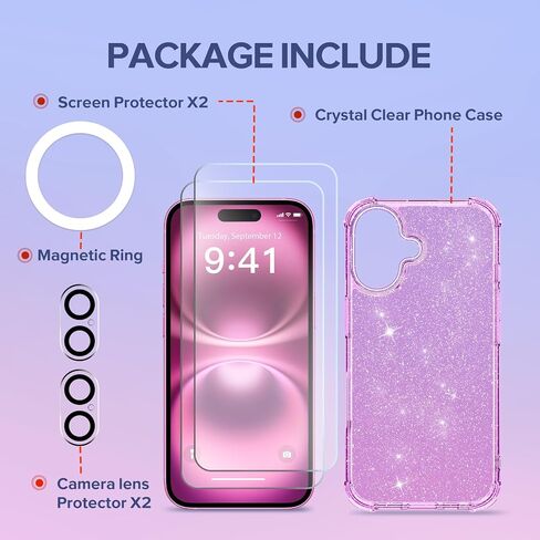 BERFY Compatible with iPhone 16 Plus Case Glitter, [5 in 1] with 2X Screen Protector + 2X Camera Lens Protector, [Non-Yellowing] Clear Sparkle Shockproof Hard Phone Case for Women 6.7", Shiny Clear in Saudi Arabia