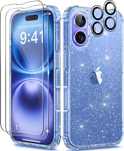BERFY Compatible with iPhone 16 Plus Case Glitter, [5 in 1] with 2X Screen Protector + 2X Camera Lens Protector, [Non-Yellowing] Clear Sparkle Shockproof Hard Phone Case for Women 6.7", Shiny Clear in Saudi Arabia