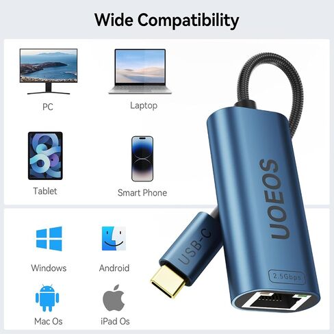USB C to Ethernet 2.5 Gbps Adapter, USB C to RJ45 Network Converter (Thunderbolt 4/3 Compatible),Aluminum USB-C to 2.5 Gigabit LAN Ethernet Compatible for iPhone 15 Pro/max,XPS, Surface-Gray in Saudi Arabia