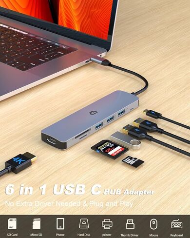 محور USB C، محور TOTU 6 في 1 من النوع C، محطة إرساء للكمبيوتر المحمول مع HDMI 4K، USB 3.0، 2*USB 2.0، قارئ بطاقة SD/TF لأجهزة الكمبيوتر المحمولة من النوع C in Kuwait