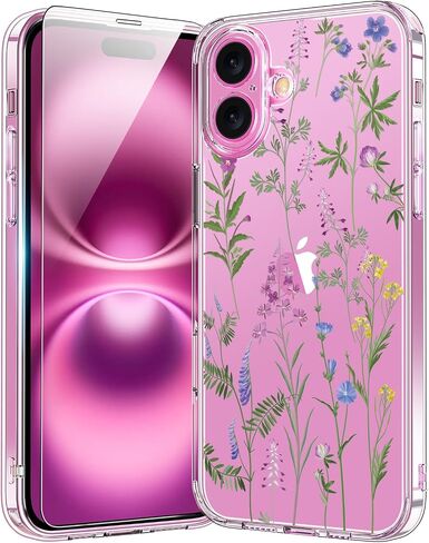 bicol for iPhone 16 Pro Case with Screen Protector, Enhanced Camera Protection, Crystal Clear Cover with Fashionable Designs for Girls Women, Slim Fit Protective Phone Case, Blooming Flowers in Saudi Arabia