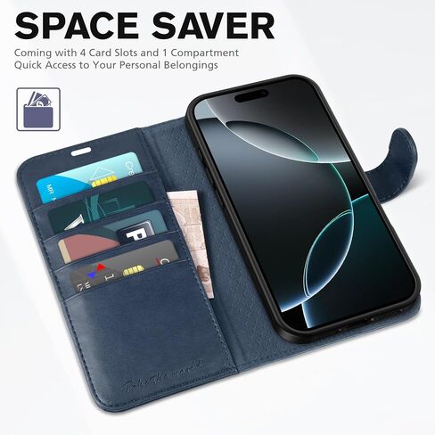 حافظة محفظة TUCCH لهاتف iPhone 16 Pro Max (6.9") 2024، 4 حاملات بطاقات، أسود | حجب RFID، حامل عرض، هيكل TPU مقاوم للصدمات، جلد PU، إغلاق مغناطيسي، غطاء قلاب واقٍ in Kuwait