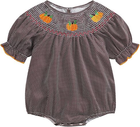 Toddler Baby Girl Halloween Outfits Pumpkin Print Plaid Short Puff Sleeve Smocked Romper Cotton Linen Bodysuit in Saudi Arabia