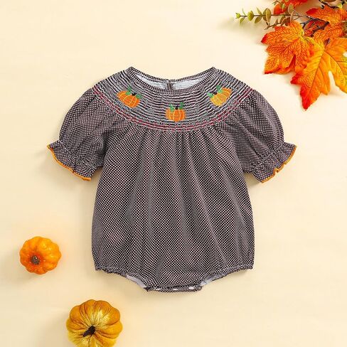 Toddler Baby Girl Halloween Outfits Pumpkin Print Plaid Short Puff Sleeve Smocked Romper Cotton Linen Bodysuit in Saudi Arabia