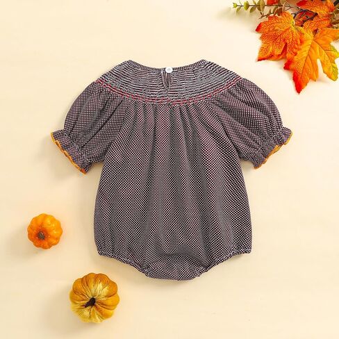 Toddler Baby Girl Halloween Outfits Pumpkin Print Plaid Short Puff Sleeve Smocked Romper Cotton Linen Bodysuit in Saudi Arabia