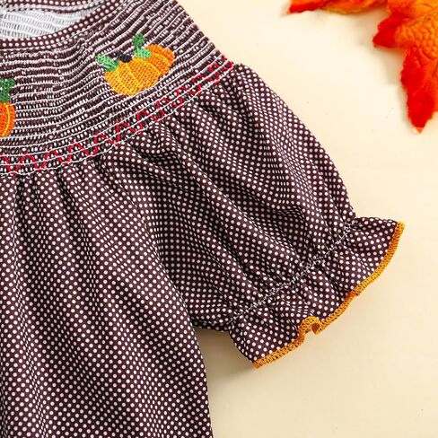 Toddler Baby Girl Halloween Outfits Pumpkin Print Plaid Short Puff Sleeve Smocked Romper Cotton Linen Bodysuit in Saudi Arabia