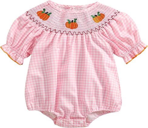 Toddler Baby Girl Halloween Outfits Pumpkin Print Plaid Short Puff Sleeve Smocked Romper Cotton Linen Bodysuit in Saudi Arabia