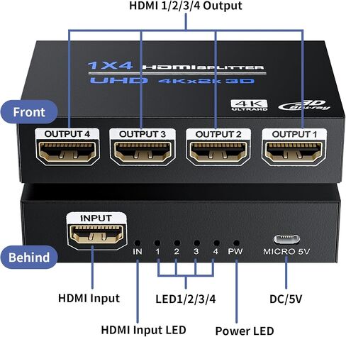 HDMI Splitter 1 in 2 Out 4K, 1x2 Powered HDMI Multi-Port Adapter for Dual Monitor, Support 4K UltraHD 3D HDR, Duplicate/Mirror Screens, Ideal for Xbox Ps5 Ps4 Ps3 Fire Stick Blu-Ray Player HDTV in Saudi Arabia