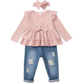 Mioglrie Baby Girl Clothes Toddler Girl Outfit Fall Winter Long Sleeve Shirt Denim Jeans Pants Set Baby Girl Clothing