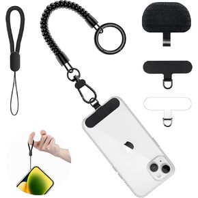 Kaptron Theft and Drop Protection Phone Tether - 30" Safety Phone Clip, Anti-Drop Travel Clip, Universal Phone Lanyard with Carabiner, Finger Strap, Phone Tether Tabs (Black - 1)