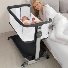 Cowiewie Baby Bassinet Rocking Beside Bassinet Sleeper 10 Major Functions to Meet All The Needs of Newborn Bedside Bassinet with Wheels(Grey)