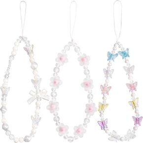 3 Pcs Beaded Phone Bracelet Strap Pearl Butterfly Flower Crystal Phone Charm Strap Mobile Phone Case Wrist Strap Lanyard Keychain (White Pink Purple)