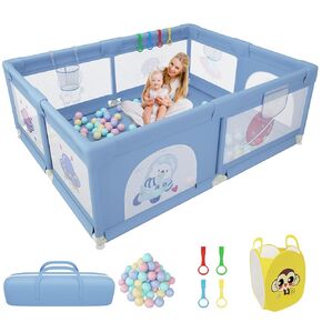 Baby Playpen 79 x 63 inch, Extra-large Baby Play Pen with Colorful Patterns, 50 Ocean Balls, 6 Pull Rings, Balls Storage Basket, Durable Zippered Door, Non-slip Suction Cups, Storage Bag