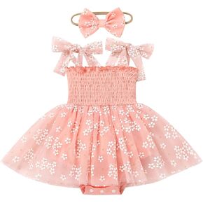 ODASDO Baby Girls Toddler Kids Bowknot Strap Smocked Tulle Tutu Princess Dress with Headband Set Birthday Party Outfits