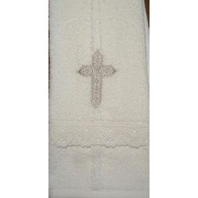 Baby Baptism Towel with Cross Embroidery and Lace