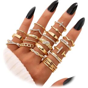 KISS WIFE Gold Stackable Knuckle Rings Set for Women Girls, Boho Trendy Dainty Midi Rings Pack Sparkling Aesthetic Women's Stacking Rings Bulk, Costume Jewelry Gifts for Teen Girls