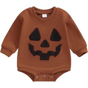 Newborn Baby Girl Boy Halloween Outfit Long Sleeve Romper Pumpkin Face Patch Sweatshirt Fall Clothes