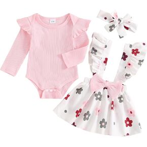 Baby Girl Fall Winter Outfits Newborn Long Sleeve Ruffle Romper Plaid/Floral Suspender Skirt Set 3Pcs Infant Clothes