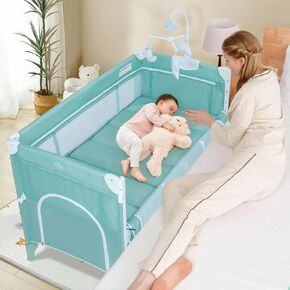 ANNA QUEEN 4 in 1 Pack and Play,Portable Baby Crib Deluxe Nursery Center, Foldable Travel Playard with Bassinet,Adjustable Canopy,Music Box,Changing Table for Newborn, Infant, Toddler