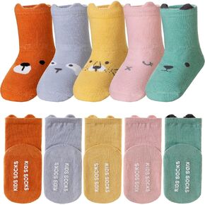 Velice Baby Socks Toddlers Non Slip Socks Little Girls Boys Cute Cartoon Cotton Crew Walking Grips Socks 5 Pairs