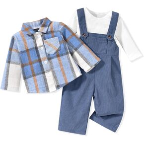 Unutiylo Toddler Baby Boy Clothes Set Infant Boy Overalls Outfit Fall Winter Long Sleeve Romper+Suspender Pants+Plaid Jacket