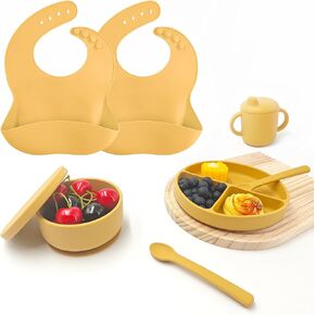 Silicone Baby Feeding Set|1 Pack Silicone Divided Suction Plate and 1 Pack Tiny Cup with 1 Spoons 1 Forks 1 bowl with lid and 2 bibs|Baby Led Weaning Supplies Self Feeding Eating Utensils