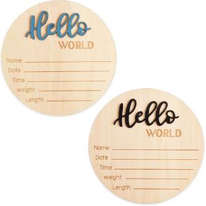 2 Pcs 5.9 Inch Wooden Baby Announcement Sign, Newborn Welcome Sign Hello World Baby Sign Birth Announcement Sign Round Name Plaques for Nursery Decorations Photo Props(Black+Blue) in Kuwait