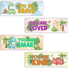 4 Pcs Watercolor Dinosaur Wall Decor Sign, Inspirational Quotes Wall Art Gift For Boy Room Girl Room, Jungle Themed Wooden Hanging Plaque Sign For Kids Room Playroom Bedroom Nursery Classroom -02