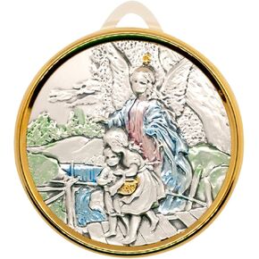 Guardian Angel Guiding Children Crib Medal | Silver-Tone Plaque with Gold-Tone Ring | Includes Blue and Pink Ribbons | Great Catholic Gift for Christening and Baptism | Christian Nursery Décor