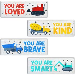 4 Pcs Construction Vehicles Wall Decor Sign, Inspirational Quotes Wall Art Gift For Boy Room Girl Room, Truck Themed Wooden Hanging Plaque Sign For Kids Room Playroom Bedroom Nursery Classroom -01