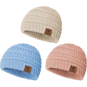 Durio 3Pcs Warm Baby Girl Hats Cozy Knit Baby Beanie Hats for Girls Soft Winter Hat for Newborn Infant Baby Toddler Kids