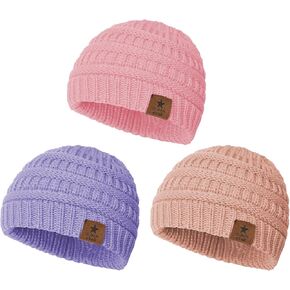 Durio 3Pcs Warm Baby Girl Hats Cozy Knit Baby Beanie Hats for Girls Soft Winter Hat for Newborn Infant Baby Toddler Kids in Kuwait