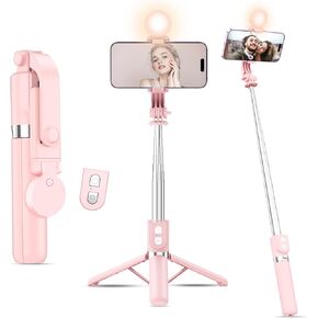 Selfie Stick with Rechargable Remote and Light, Tripod for iPhone, Cell Phone Stand for Video Recording, Portable Travel Essentials Smartphone Mount Holder, Extendable Vlogging Filming Accessories