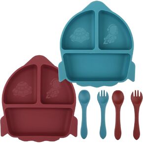Qshare 6 Pcs Suction Plates for Baby,Toddler Divided Plates with Fork and Spoon,100% Food Grade Silicone Baby Plates,Non-Slip,Baby Led Weaning Supplies,Microwave & Dishwasher Safe (Orange + Green)