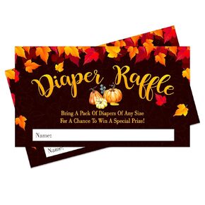 XJF 50 Pack Diaper Raffle Tickets 2*3.5inch Baby Shower Invitations Cards Maple Leaves Baby Shower Cards for Girl or Boy Baby Shower Game Bring a Pack of Diapers to Win Favors Yellow BS-CJK-NG-1