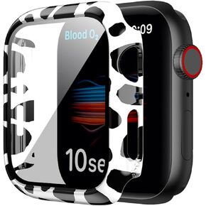 Compatible with Apple Watch Case 41mm Series 9 / Series 8 / Series 7 41mm, Cow Print Case with Tempered Glass Screen Protector, Bubble-Free Hard Case Cover for iWatch 9 8 7 Accessories Black