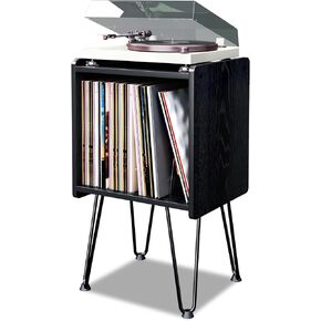 TC-HOMENY Record Player Stand, Vinyl Record Storage Cabinet with Metal Hairpin Legs, Vinyl Record Holder with 4 Quick-Release dividers, Record Storage Holder, End Table for Bedroom Living Room