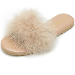LIURUIJIA Women's Fluffy Feather Slippers Fur Slide Flat Sandals Cozy Slip On Stylish Summer Casual Party Indoor Outdoor Flats Shoes