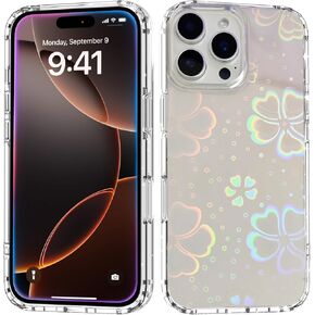 for iPhone 16 Pro Max Case, Clear Cute Glitter Laser Holographic Heart Pattern for Women Girls, Anti-Yellow Hard PC Protective Cover Phone Case for Apple iPhone 16 ProMax, Rainbow Heart