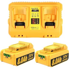 2Pack 8.0Ah MAX Lithium Replacement for Dewalt 20V Battery with 20 Volt Dual Port Battery Charger DCB200 DCB201 DCB204 DCB206 DCB207 DCD/DCF/DCG XR Series